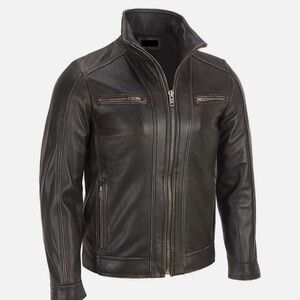 Men's Black Rivet Leather Faded-Seam Jacket Genuine Cowhide Leather